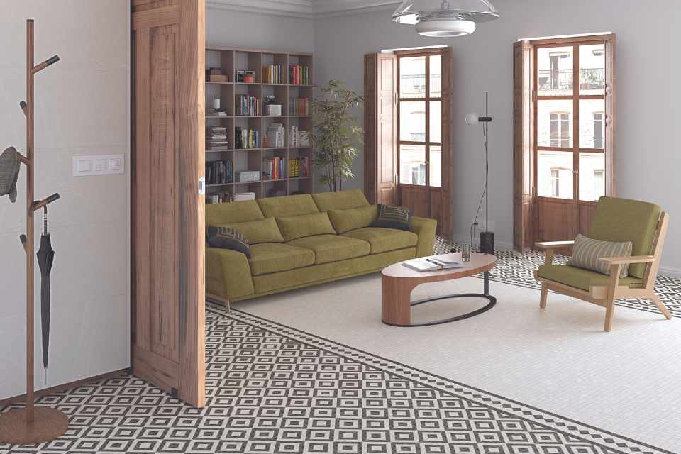 black and white mosaic tile in entryway to living room with green accents